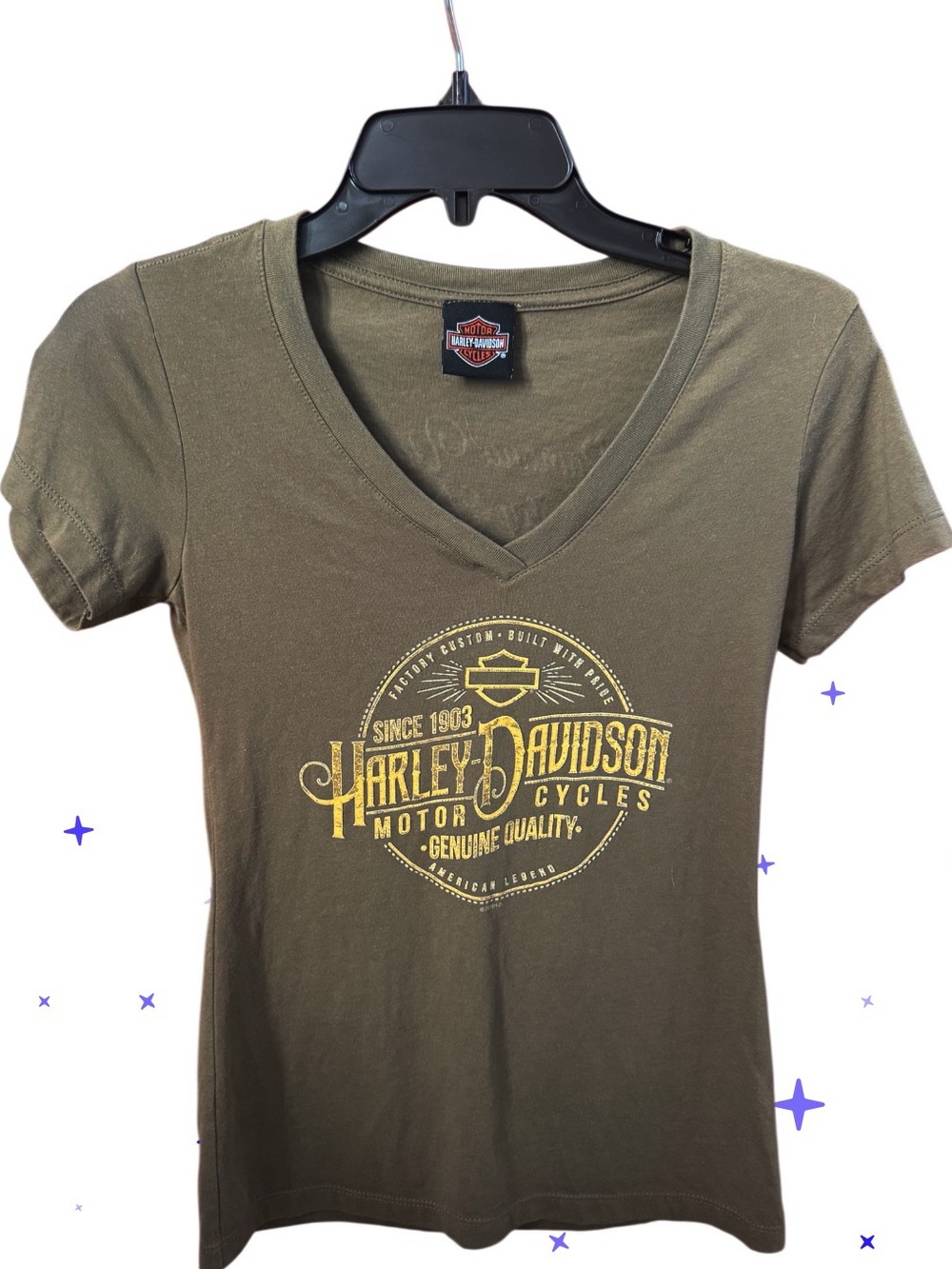 HARLEY DAVIDSON SHORT SLEEVE V NECK TEE OLIVE GOLD COMBO SMALL